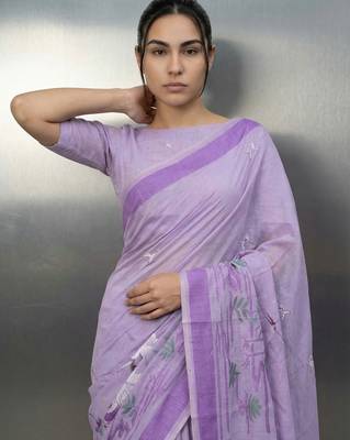 Lavender woven floral & peacock motifs work silk blend fabric traditional elegant style 5