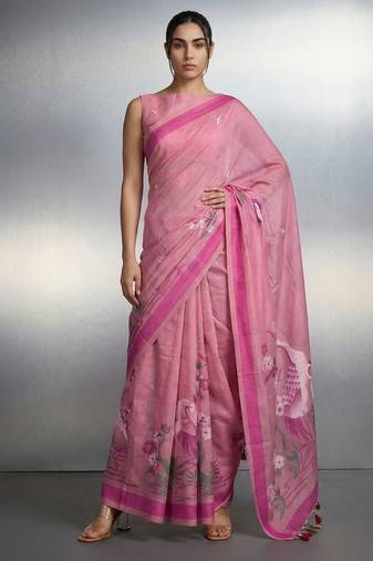 Pink woven floral & peacock motifs work silk blend fabric traditional elegant style