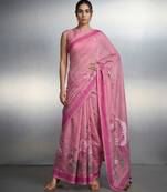 Pink woven floral & peacock motifs work silk blend fabric traditional elegant style