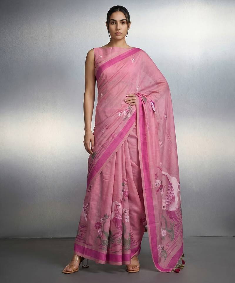 Pink woven floral & peacock motifs work silk blend fabric traditional elegant style