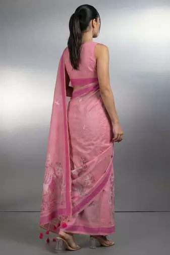 Pink woven floral & peacock motifs work silk blend fabric traditional elegant style
