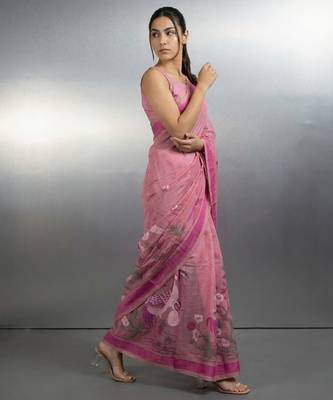 Pink woven floral & peacock motifs work silk blend fabric traditional elegant style 3