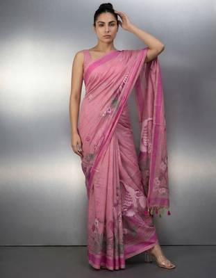 Pink woven floral & peacock motifs work silk blend fabric traditional elegant style 4