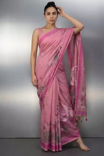 Pink woven floral & peacock motifs work silk blend fabric traditional elegant style