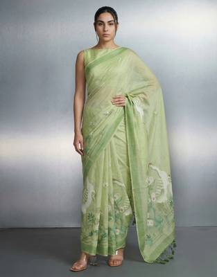 Light green woven floral & peacock motifs work silk blend fabric traditional elegant style 1