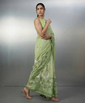 Light green woven floral & peacock motifs work silk blend fabric traditional elegant style 3