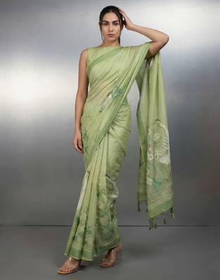 Light green woven floral & peacock motifs work silk blend fabric traditional elegant style 4