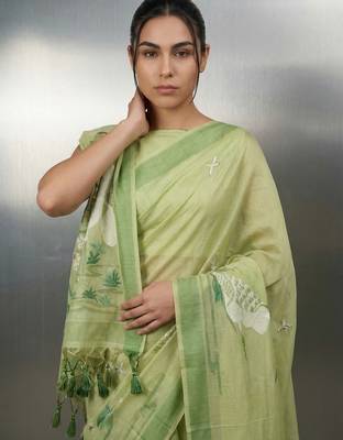 Light green woven floral & peacock motifs work silk blend fabric traditional elegant style 5