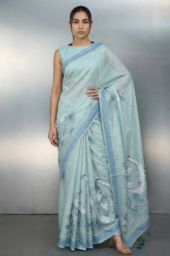 Sea green woven floral & peacock motifs work silk blend fabric traditional elegant style