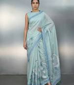 Sea green woven floral & peacock motifs work silk blend fabric traditional elegant style