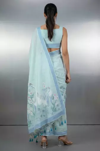 Sea green woven floral & peacock motifs work silk blend fabric traditional elegant style