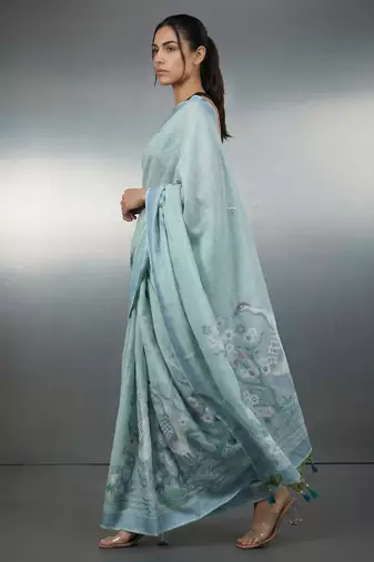 Sea green woven floral & peacock motifs work silk blend fabric traditional elegant style