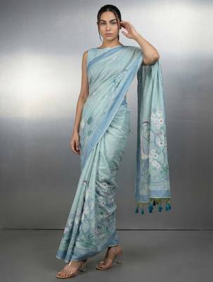 Sea green woven floral & peacock motifs work silk blend fabric traditional elegant style 4