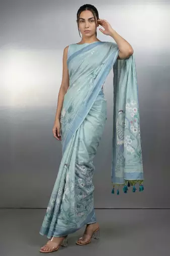 Sea green woven floral & peacock motifs work silk blend fabric traditional elegant style