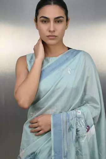 Sea green woven floral & peacock motifs work silk blend fabric traditional elegant style