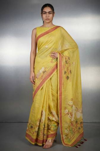 Yellow woven floral & peacock motifs work silk blend fabric traditional elegant style