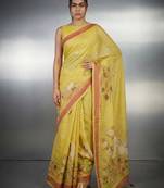 Yellow woven floral & peacock motifs work silk blend fabric traditional elegant style