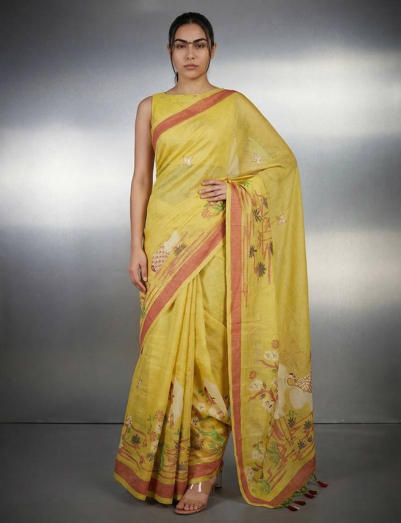 Yellow woven floral & peacock motifs work silk blend fabric traditional elegant style