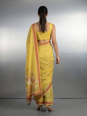 Yellow woven floral & peacock motifs work silk blend fabric traditional elegant style 2
