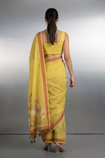 Yellow woven floral & peacock motifs work silk blend fabric traditional elegant style