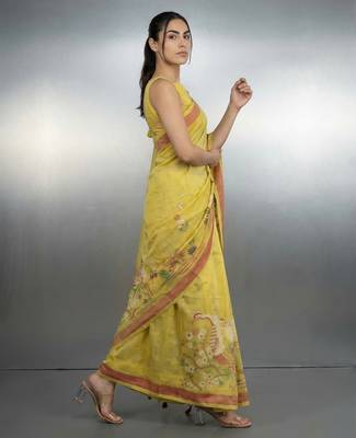 Yellow woven floral & peacock motifs work silk blend fabric traditional elegant style 3