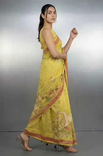 Yellow woven floral & peacock motifs work silk blend fabric traditional elegant style