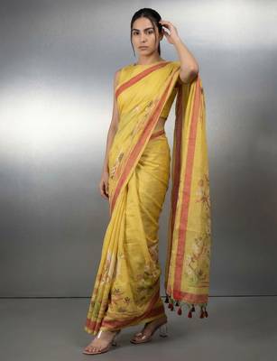 Yellow woven floral & peacock motifs work silk blend fabric traditional elegant style 4
