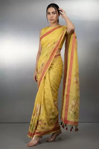 Yellow woven floral & peacock motifs work silk blend fabric traditional elegant style