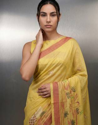 Yellow woven floral & peacock motifs work silk blend fabric traditional elegant style 5