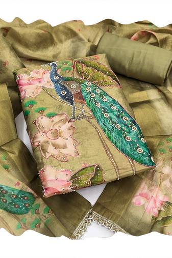 Mahendi color simmer cotton fabric designer salwar kameez with elegant hand work