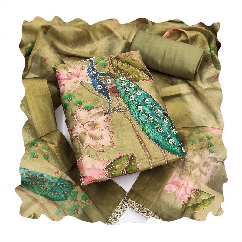 Mahendi color simmer cotton fabric designer salwar kameez with elegant hand work