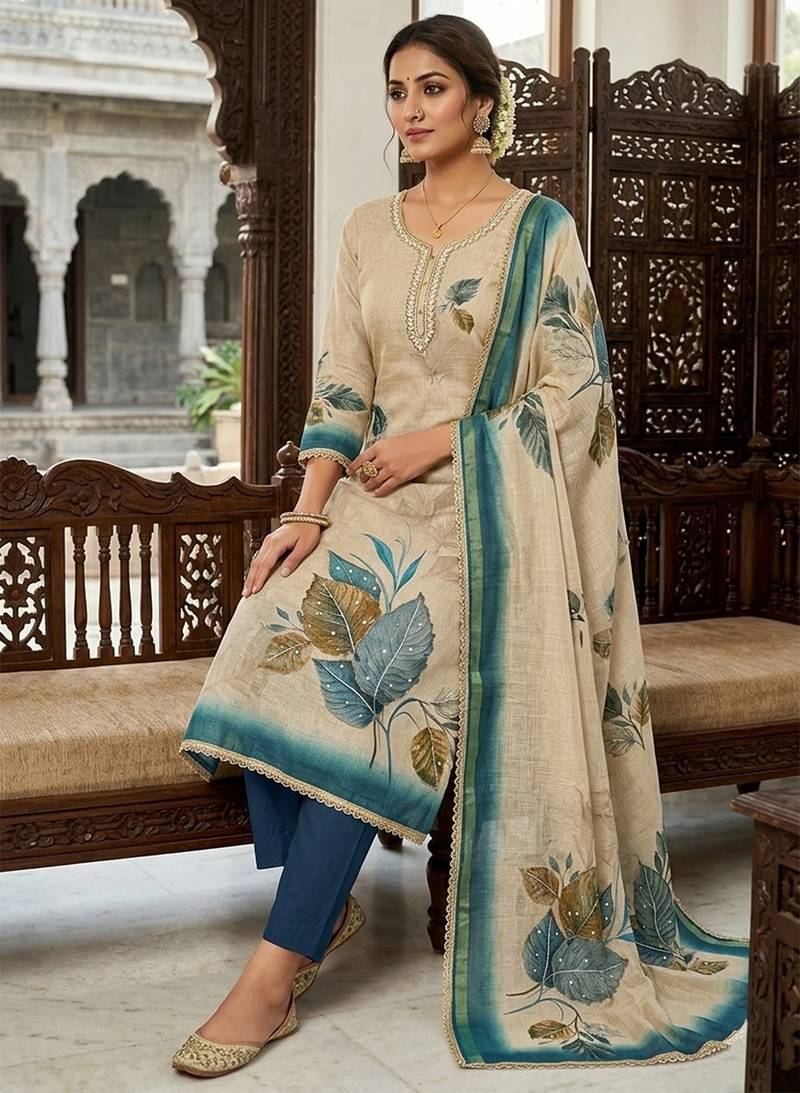 Off white color simmer cotton fabric designer salwar kameez with elegant hand work