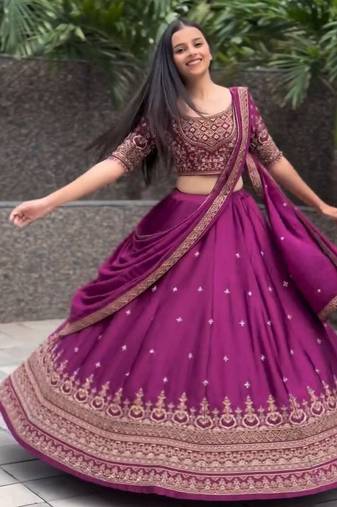 Wine Color  Embroidery Thread & Sequence Work Chinon Lahenga Choli Set