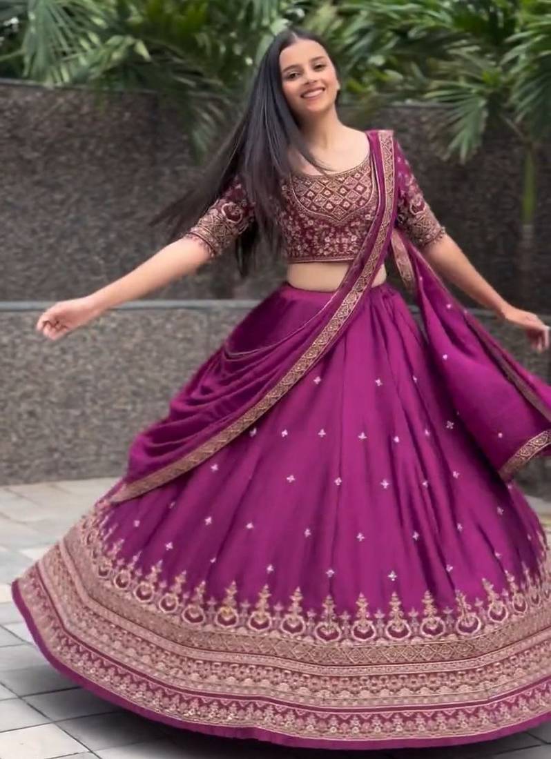 Wine Color  Embroidery Thread & Sequence Work Chinon Lahenga Choli Set