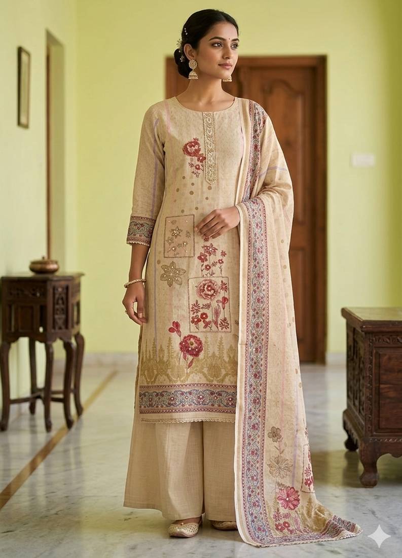 Beige color simmer cotton fabric designer salwar kameez with elegant hand work