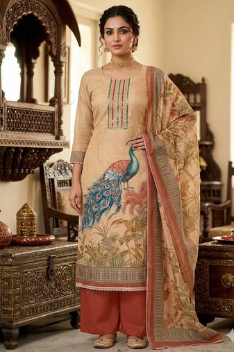 Beautiful brown color linen cotton fabric designer salwar kameez for girls