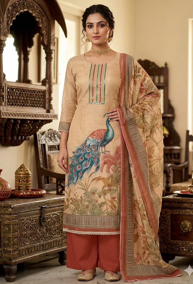 Beautiful brown color linen cotton fabric designer salwar kameez for girls