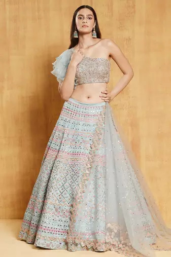 Sea Green Organza Silk Lehenga Choli with Multicolor Thread, Zari & Mirror Embroidery and Net Dupatta