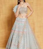 Sea Green Organza Silk Lehenga Choli with Multicolor Thread, Zari & Mirror Embroidery and Net Dupatta