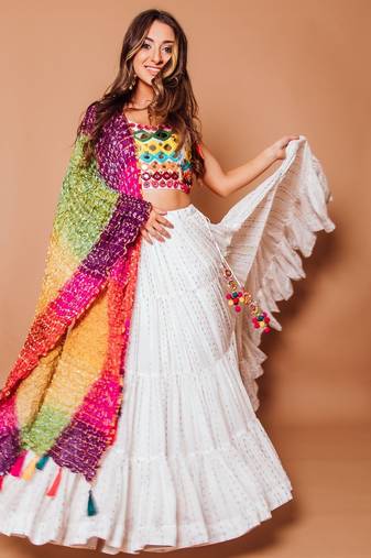 White Georgette Lehenga Choli with Multicolor Thread & Sequin Embroidery and Printed Chiffon Dupatta