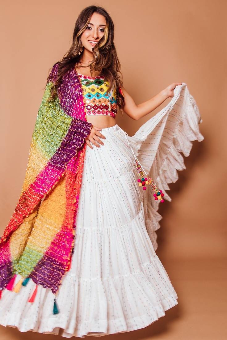 White Georgette Lehenga Choli with Multicolor Thread & Sequin Embroidery and Printed Chiffon Dupatta