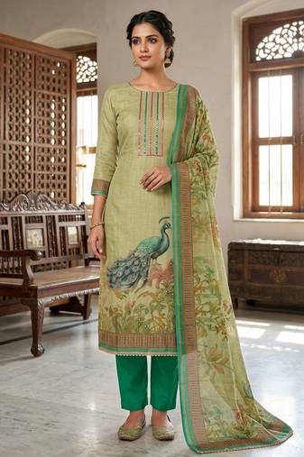 Beautiful green color linen cotton fabric designer salwar kameez for girls