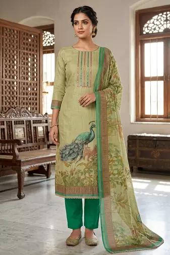 Beautiful green color linen cotton fabric designer salwar kameez for girls