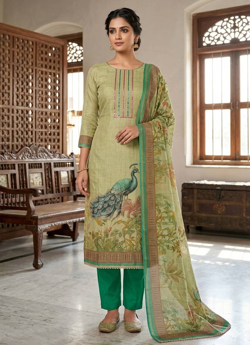 Beautiful green color linen cotton fabric designer salwar kameez for girls