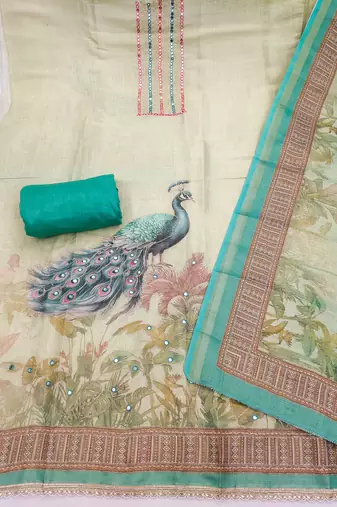 Beautiful green color linen cotton fabric designer salwar kameez for girls