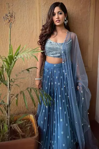 Dusty Blue Faux Georgette Lehenga Choli with Sequin & Thread Embroidery and Pearl Work Net Dupatta