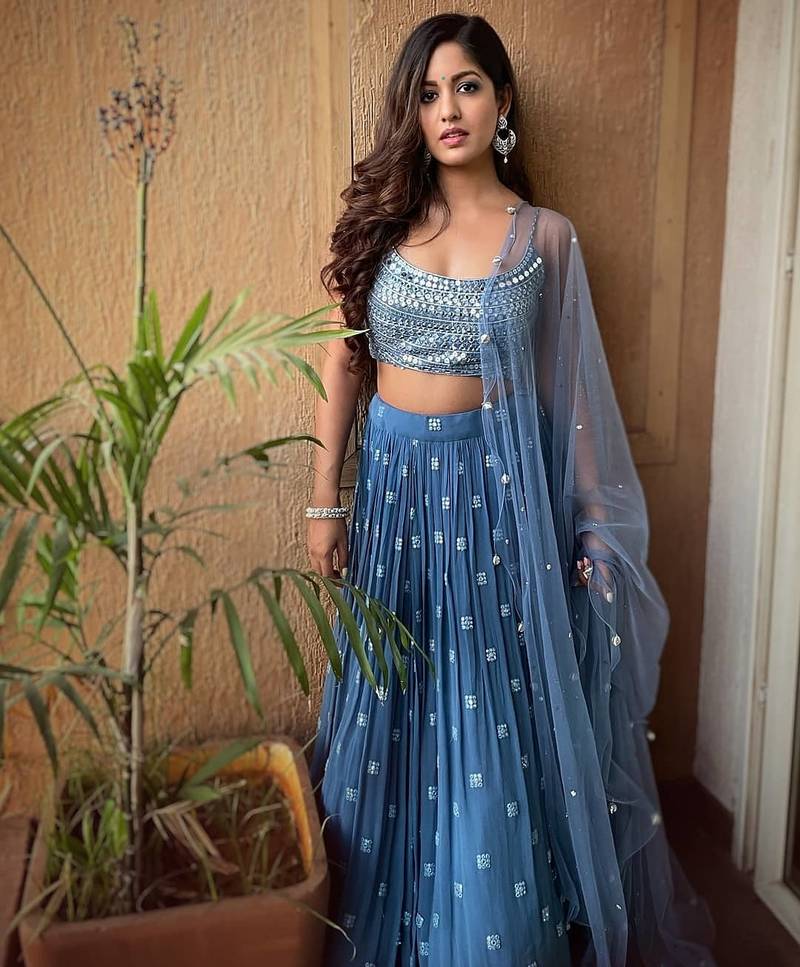 Dusty Blue Faux Georgette Lehenga Choli with Sequin & Thread Embroidery and Pearl Work Net Dupatta