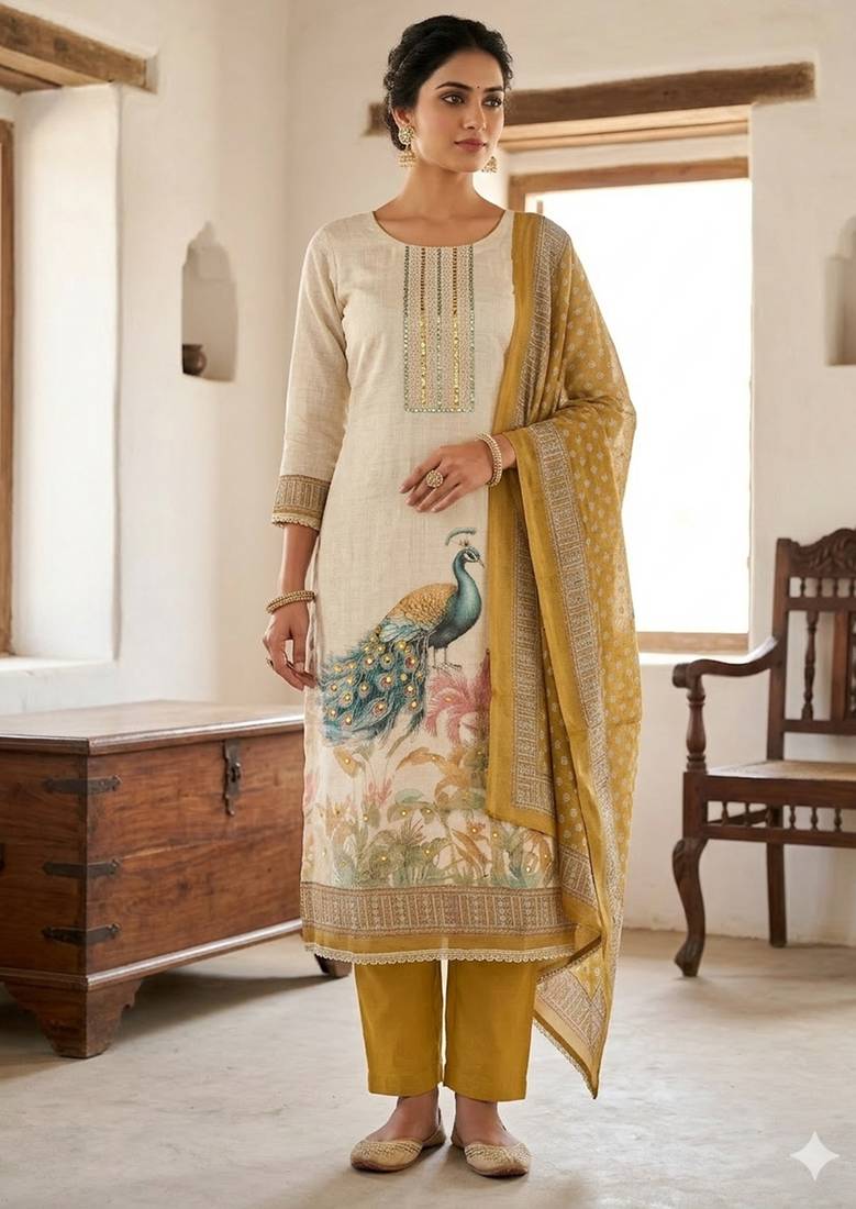 Beautiful mustard color linen cotton fabric designer salwar kameez for girls
