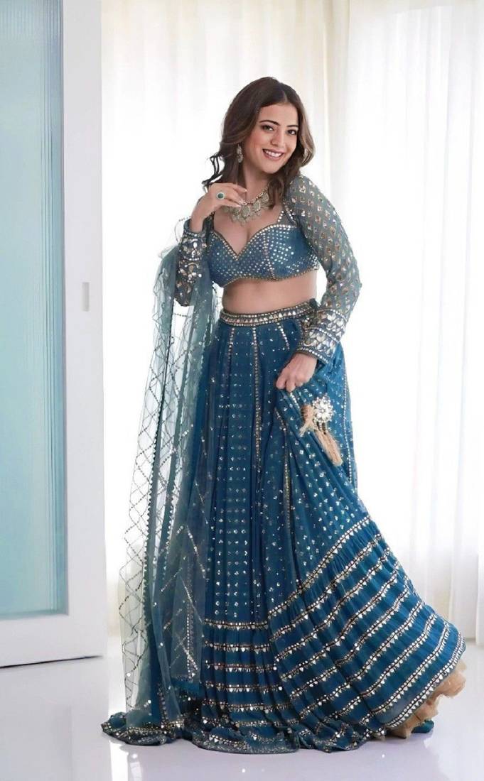 Blue Designer Faux Georgette Lehenga Choli with Heavy Sequin & Zari Embroidery Work and Net Dupatta