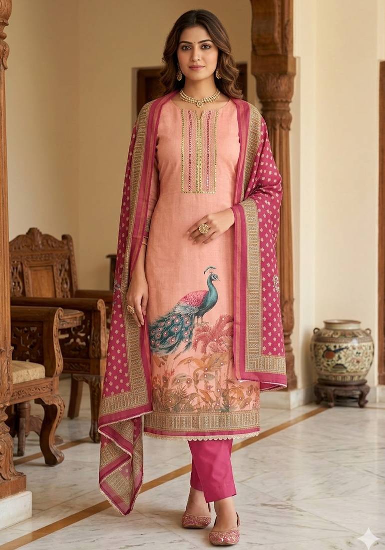 Beautiful pink color linen cotton fabric designer salwar kameez for girls